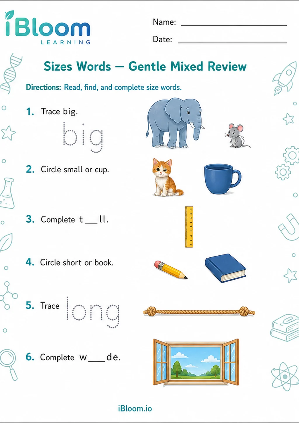 Preview of Sizes Words — Gentle Mixed Review worksheet