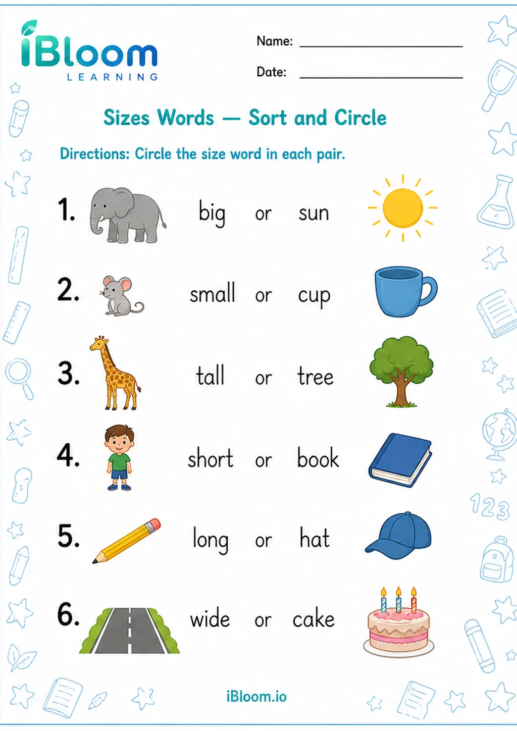 Preview of Sizes Words — Sort and Circle worksheet