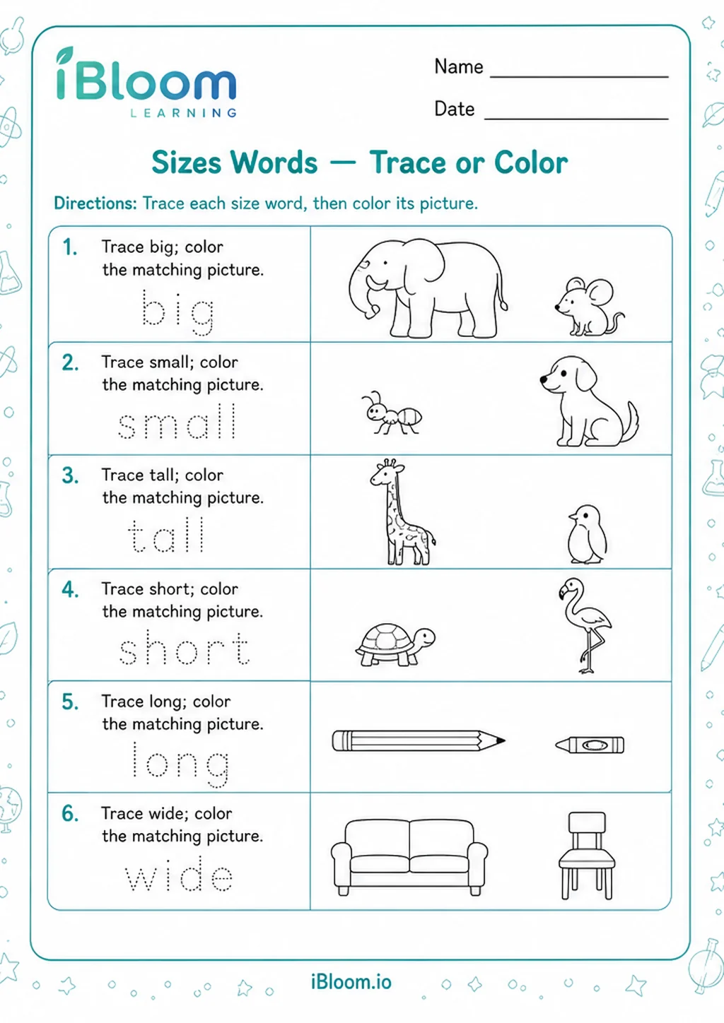 Preview page 1 of Sizes Words — Trace or Color