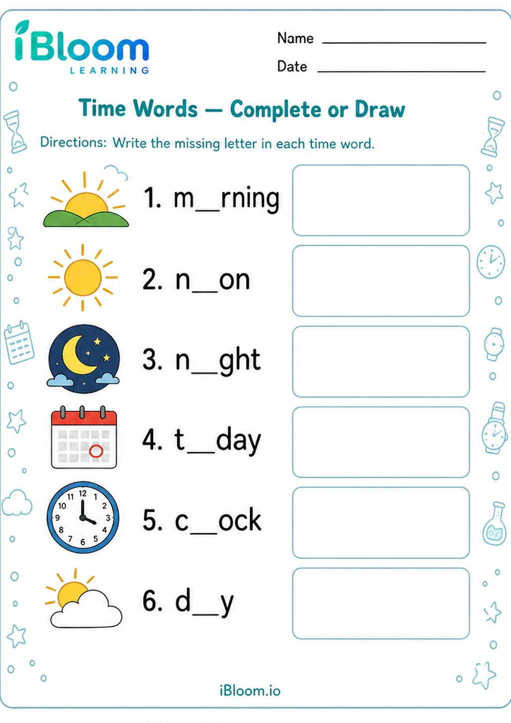 Preview page 1 of Time Words — Complete or Draw