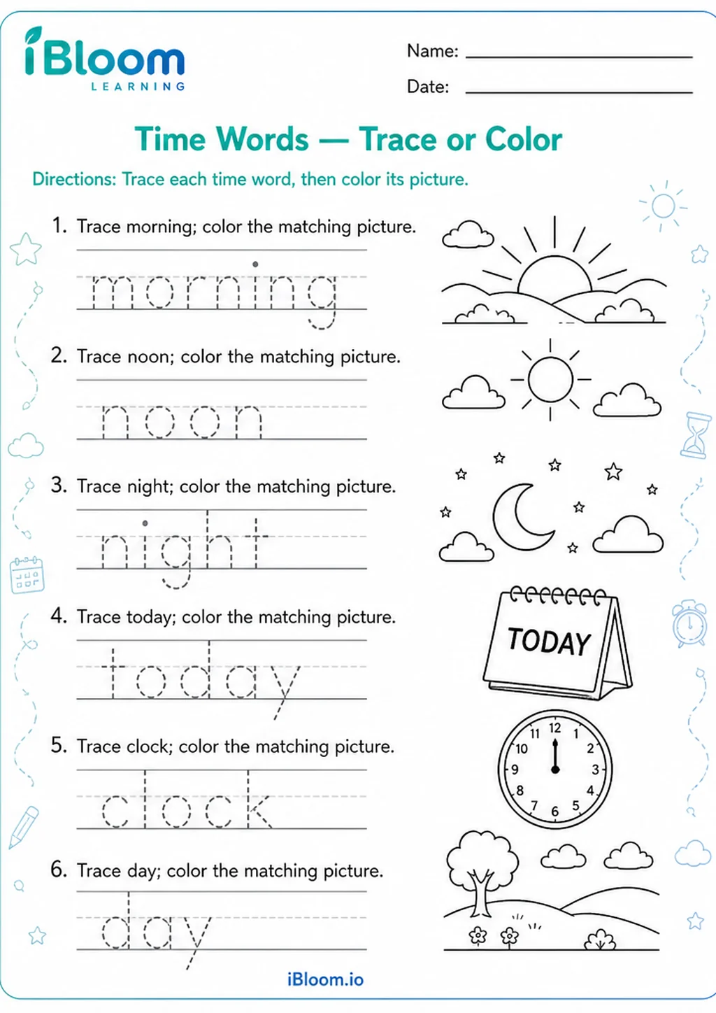 Preview of Time Words — Trace or Color worksheet