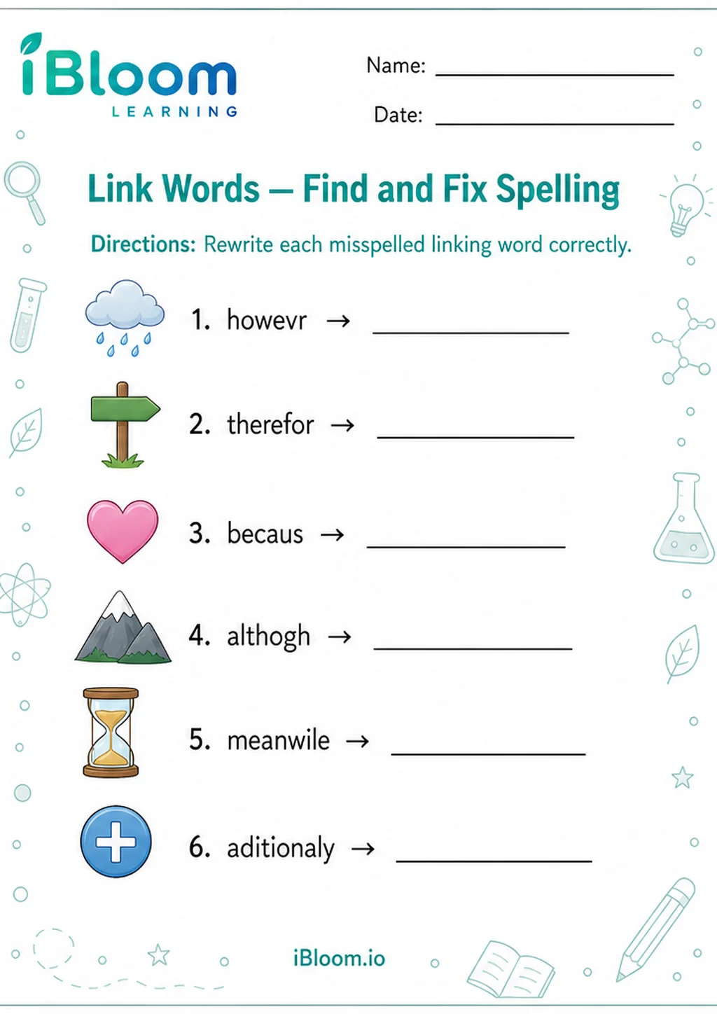 Preview of Link Words — Find and Fix Spelling worksheet