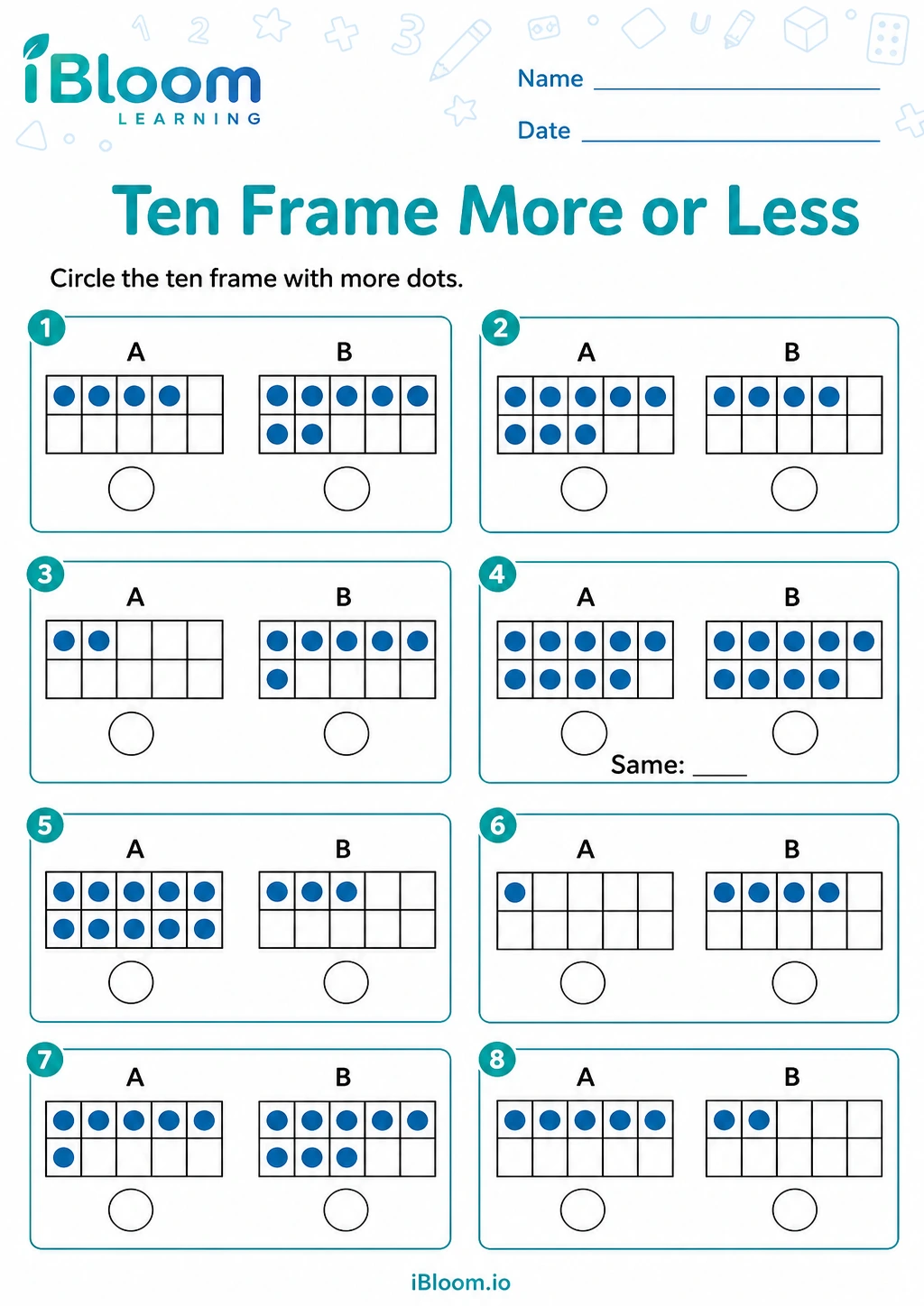Preview of Ten Frame More or Less worksheet