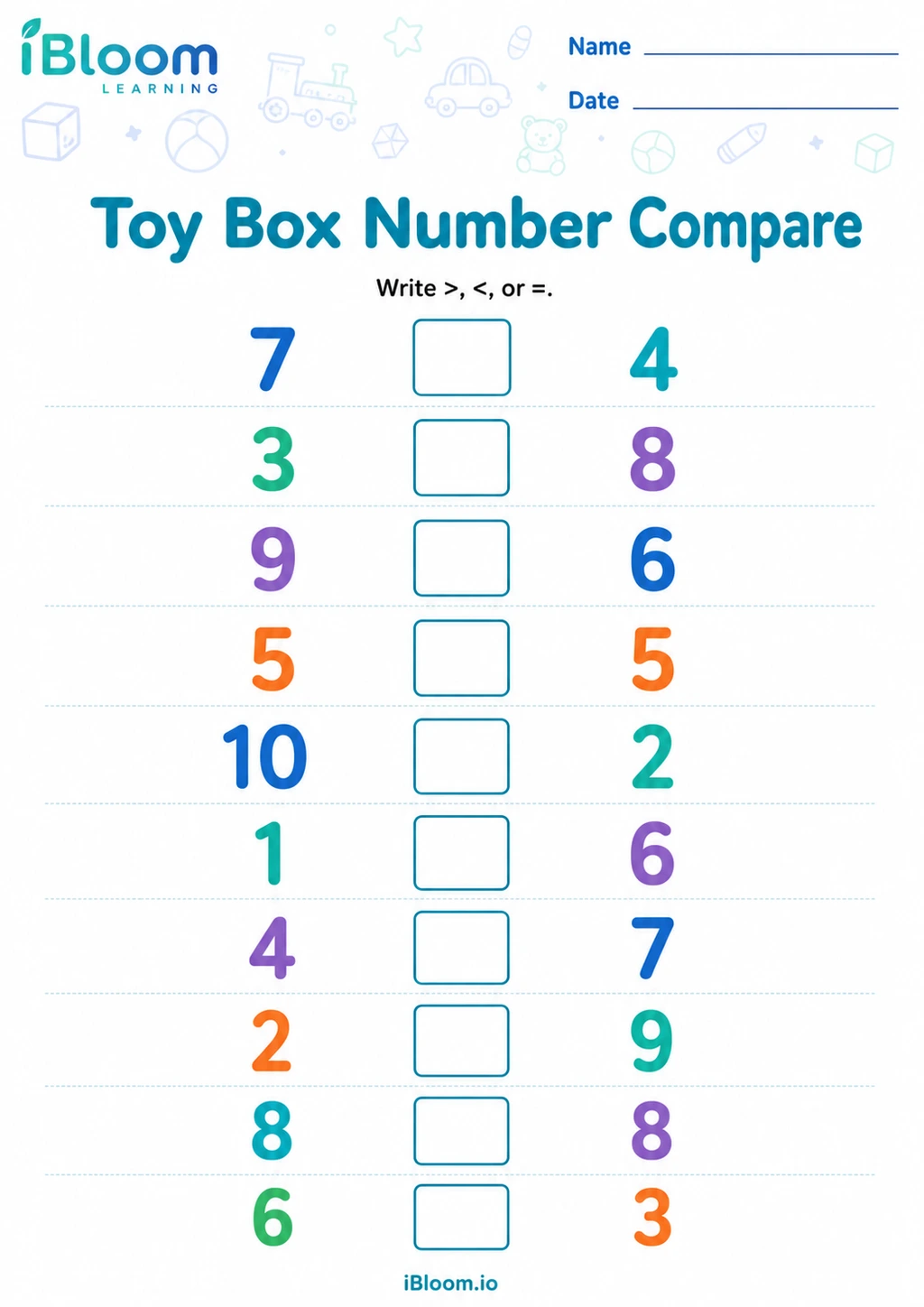 Preview of Toy Box Number Compare worksheet
