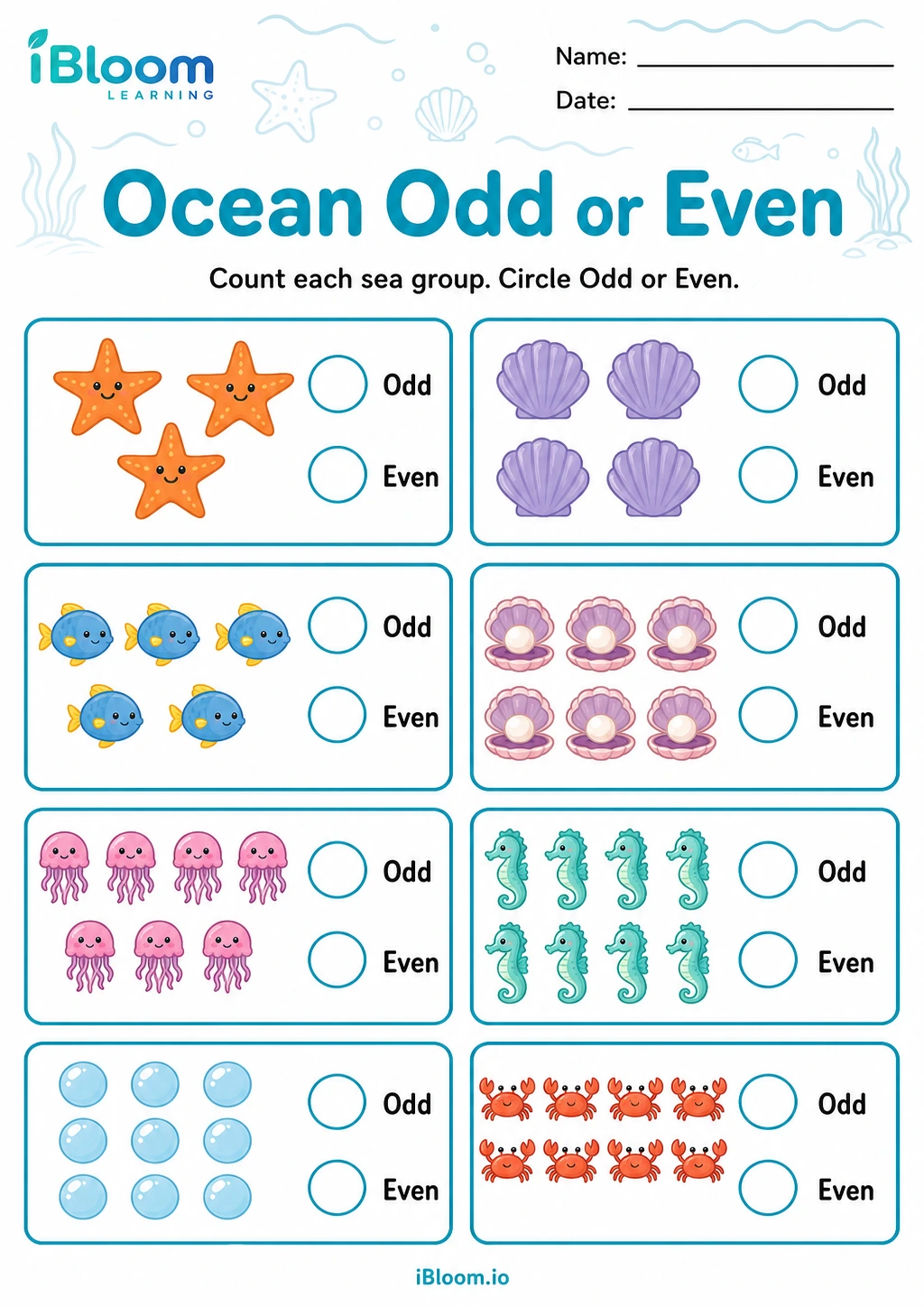 Ocean Odd or Even printable Kindergarten odd and even numbers worksheet preview