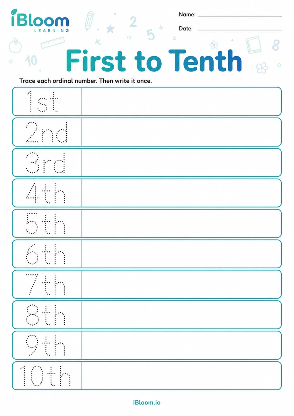 Preview of First to Tenth worksheet
