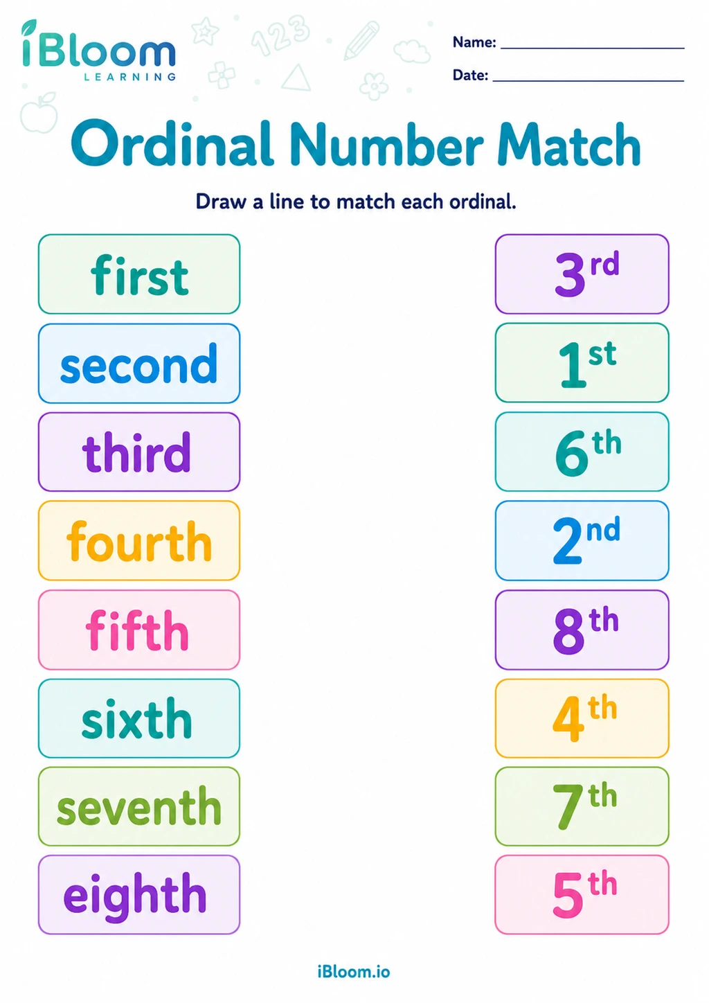 Preview of Ordinal Number Match worksheet