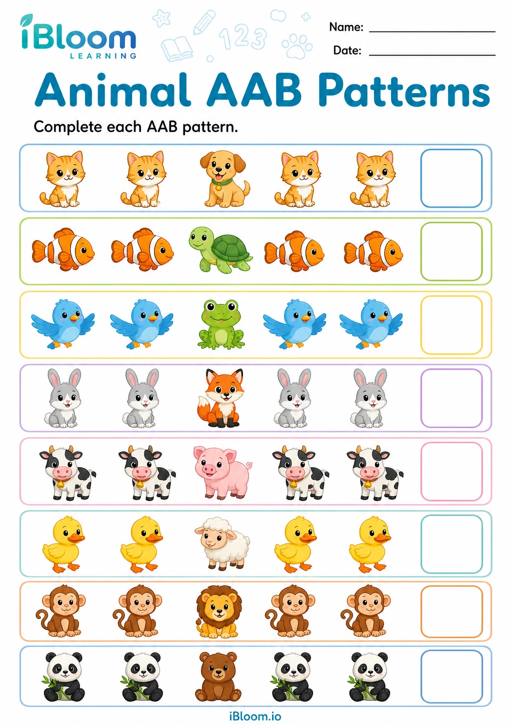 Preview of Animal AAB Patterns worksheet