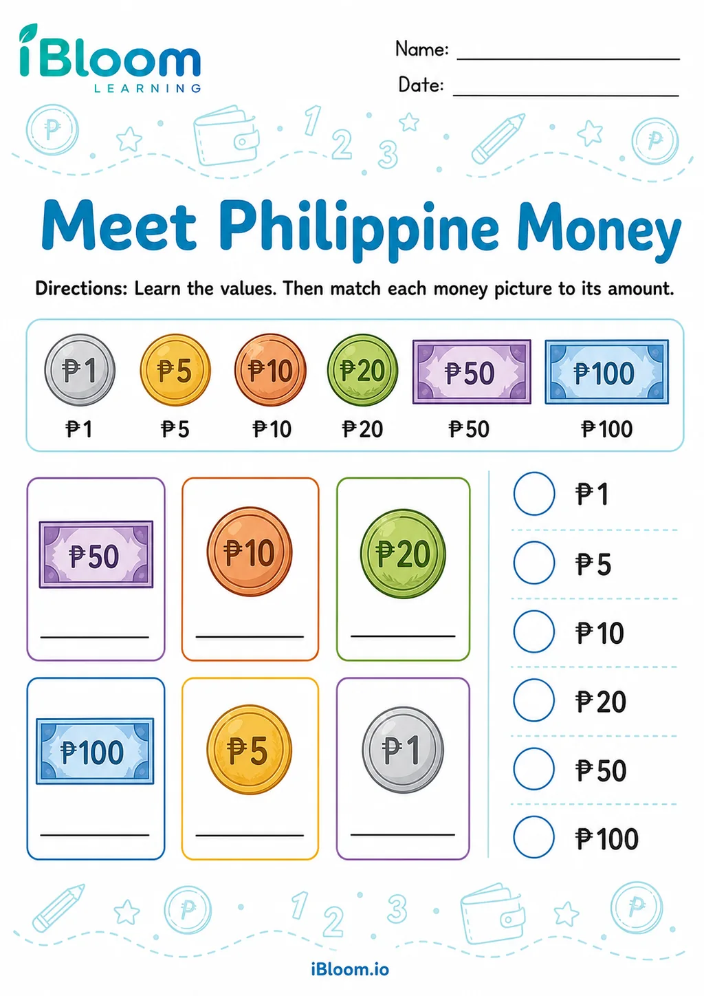 Meet Philippine money denominations printable Grade 2 worksheet preview