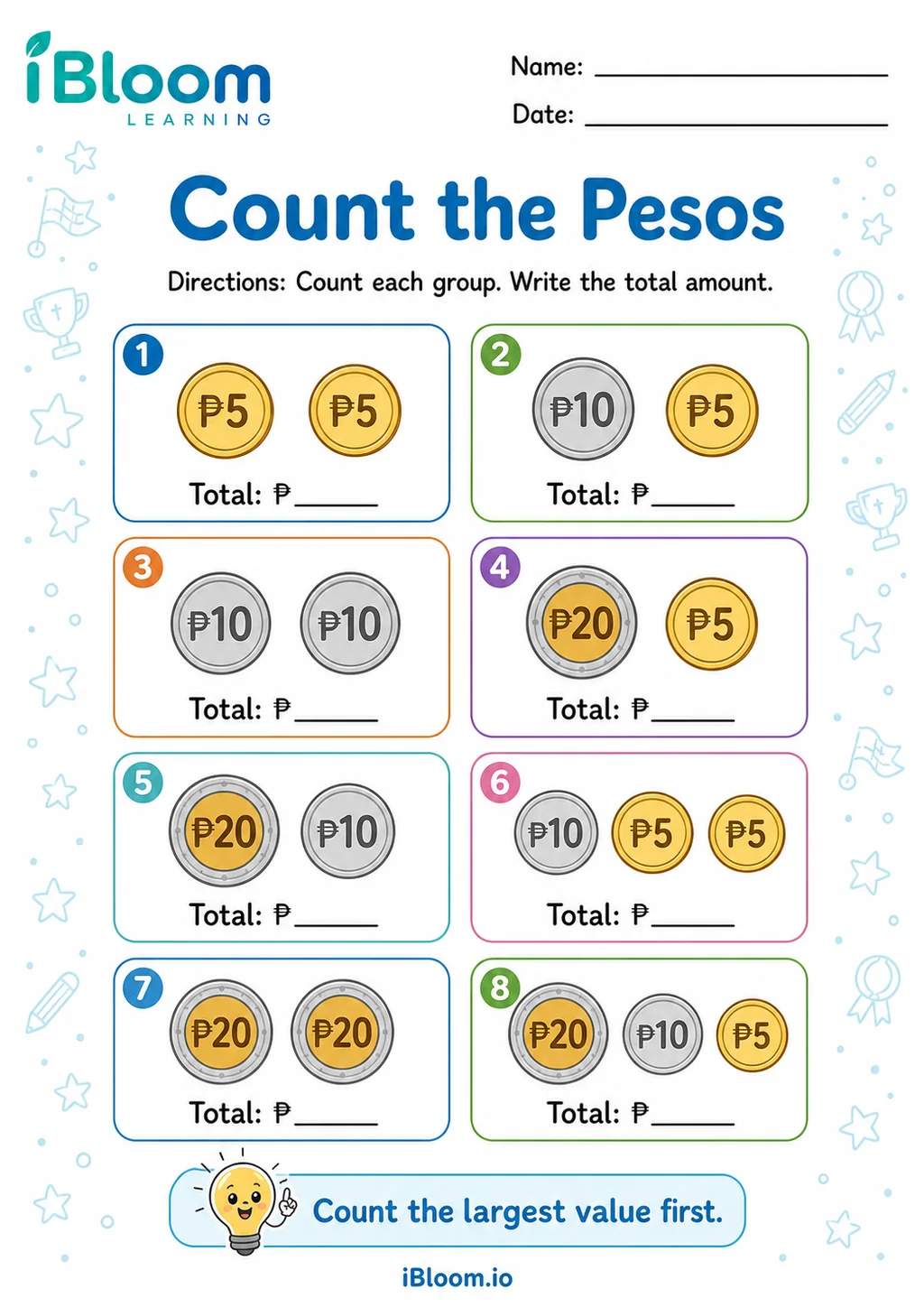 Count Philippine peso coin groups printable Grade 2 worksheet preview