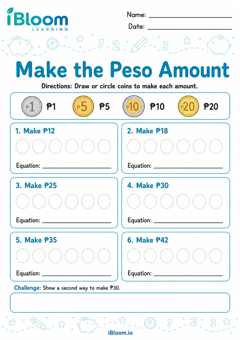 Make Philippine peso amounts printable Grade 2 worksheet preview