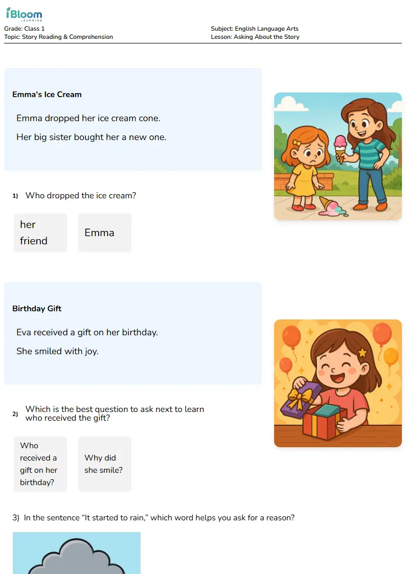 Free Asking About the Story Worksheets for Class 1