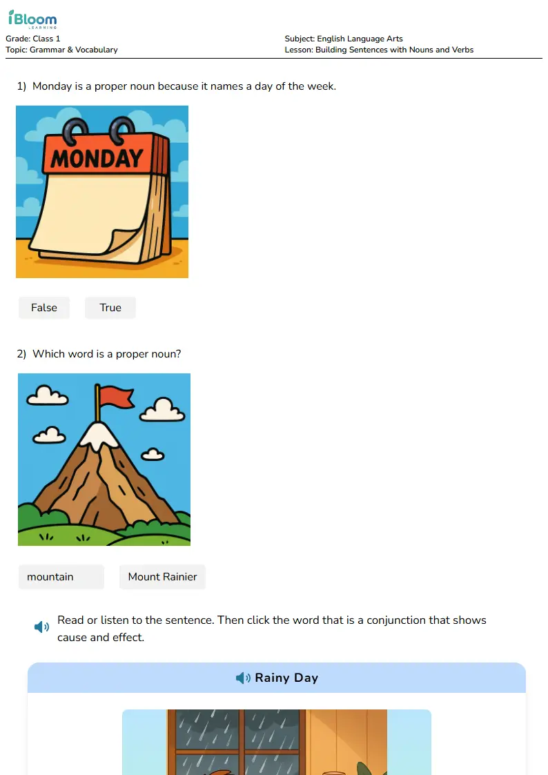 Free Building Sentences with Nouns and Verbs Worksheets for Class 1