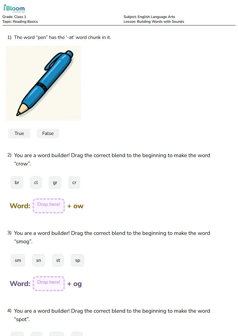 Free Building Words with Sounds Worksheets for Class 1