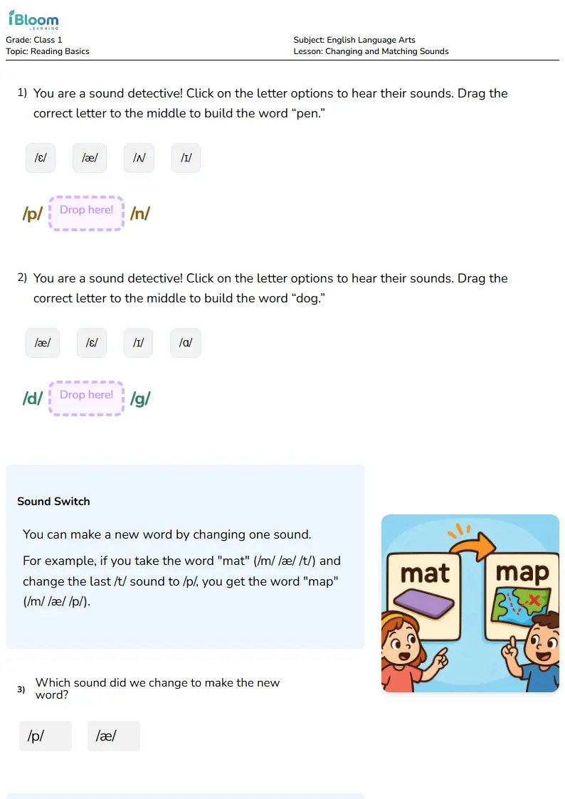 Free Changing and Matching Sounds Worksheets for Class 1