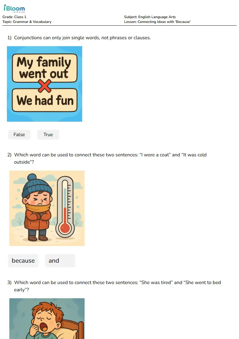 Free Connecting Ideas with 'Because' Worksheets for Class 1