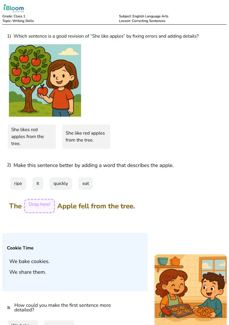 Free Correcting Sentences Worksheets for Class 1