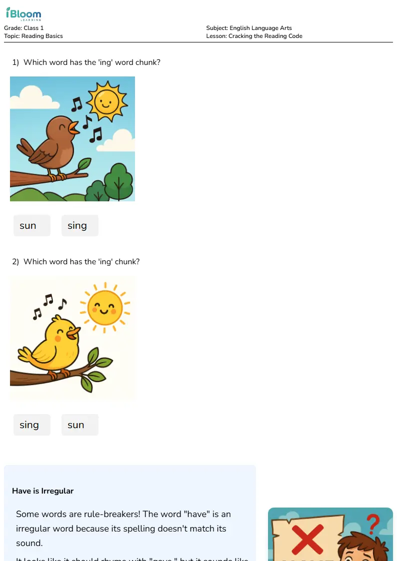 Free Cracking the Reading Code Worksheets for Class 1