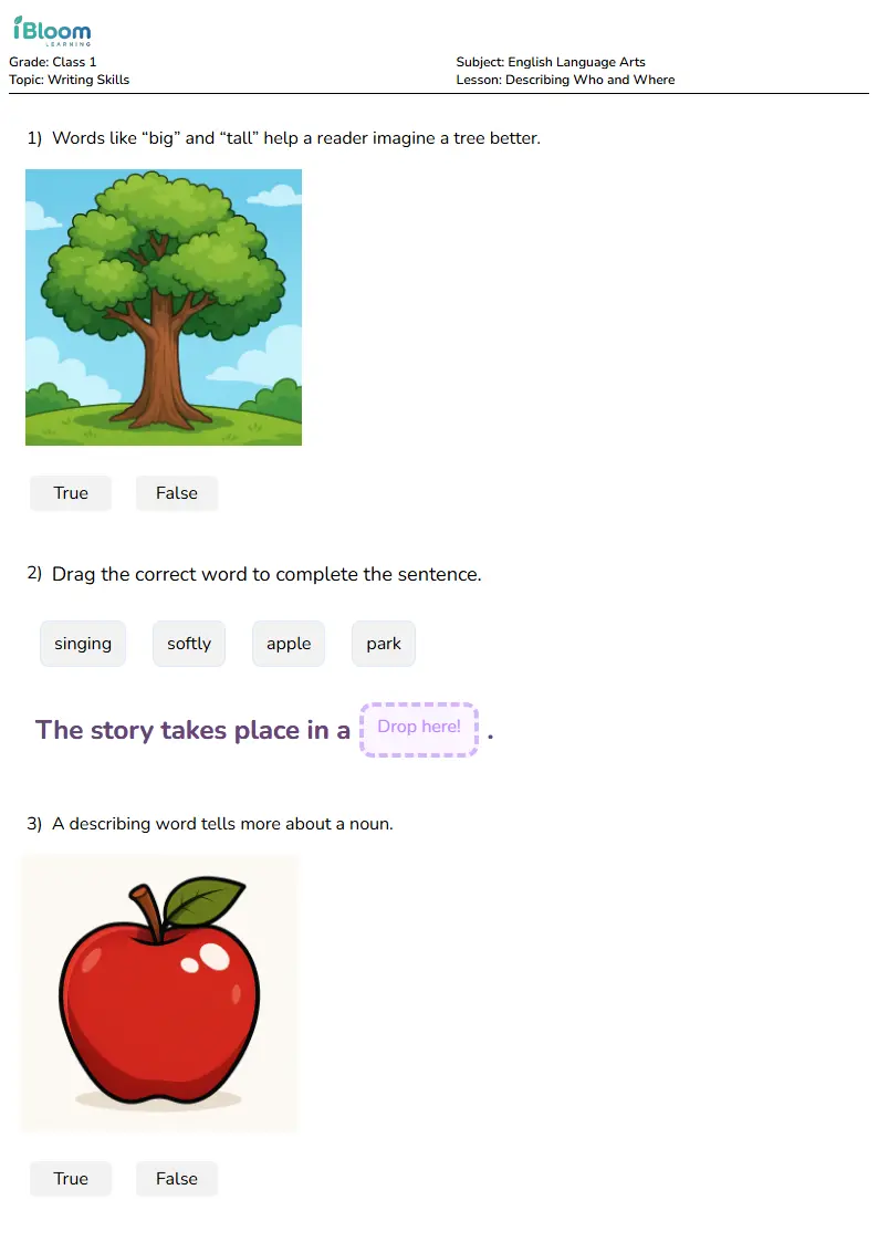 Free Describing Who and Where Worksheets for Class 1