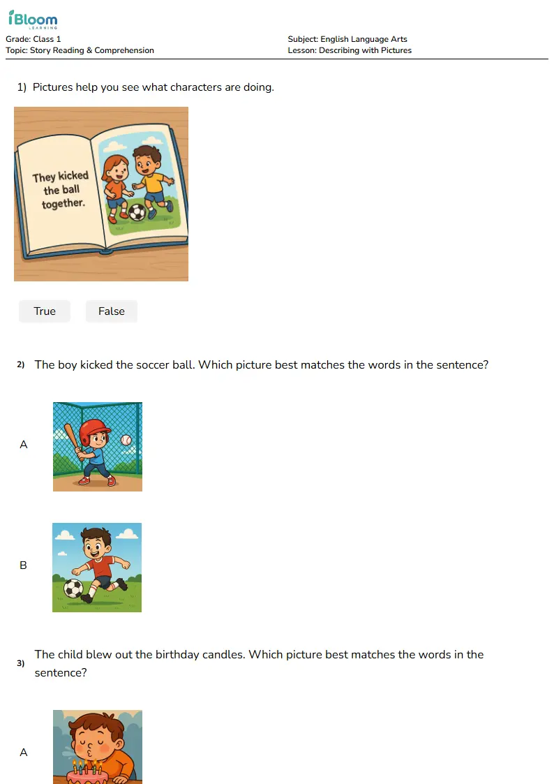 Free Describing with Pictures Worksheets for Class 1