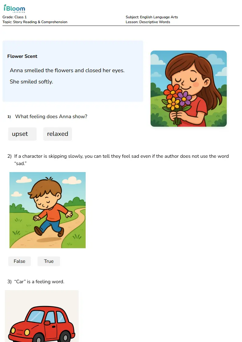 Free Descriptive Words Worksheets for Class 1