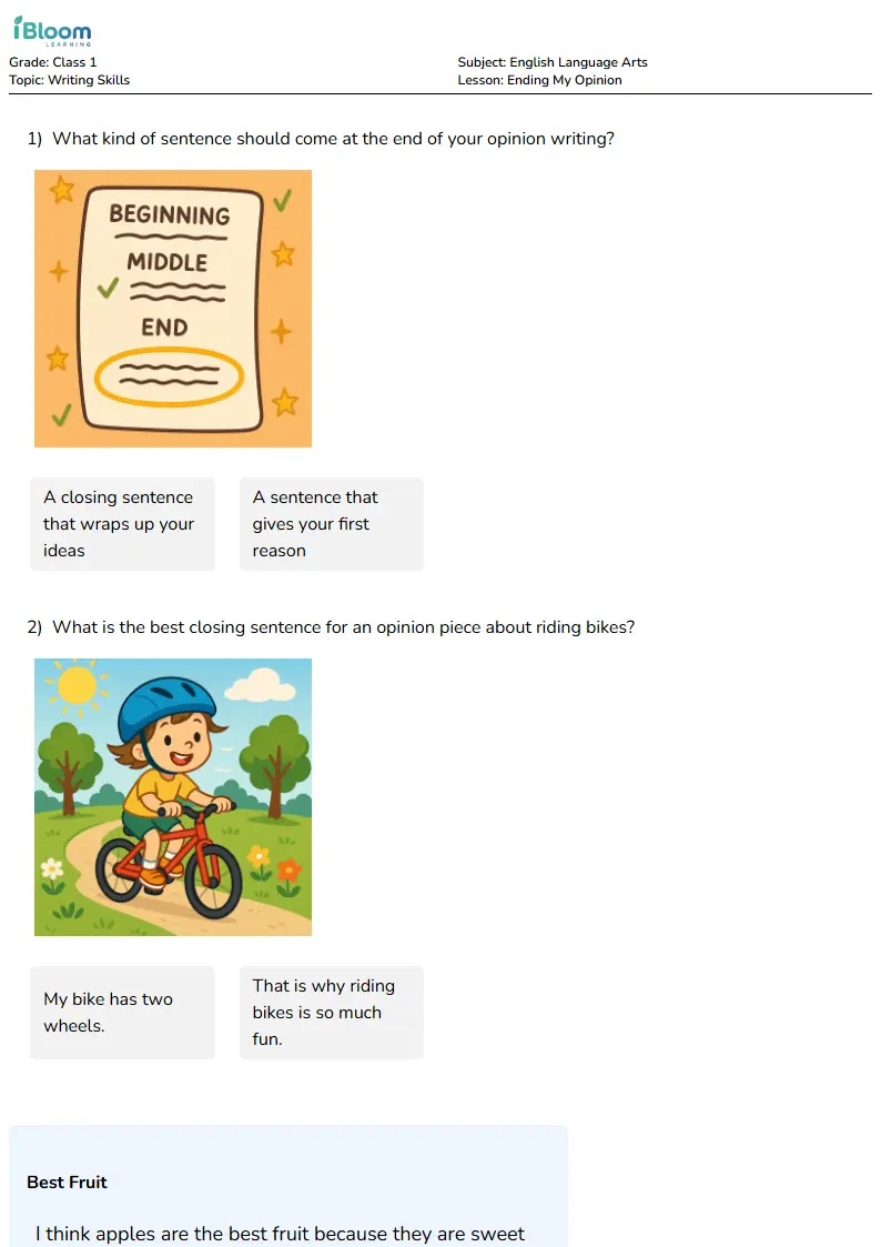 Free Ending My Opinion Worksheets for Class 1