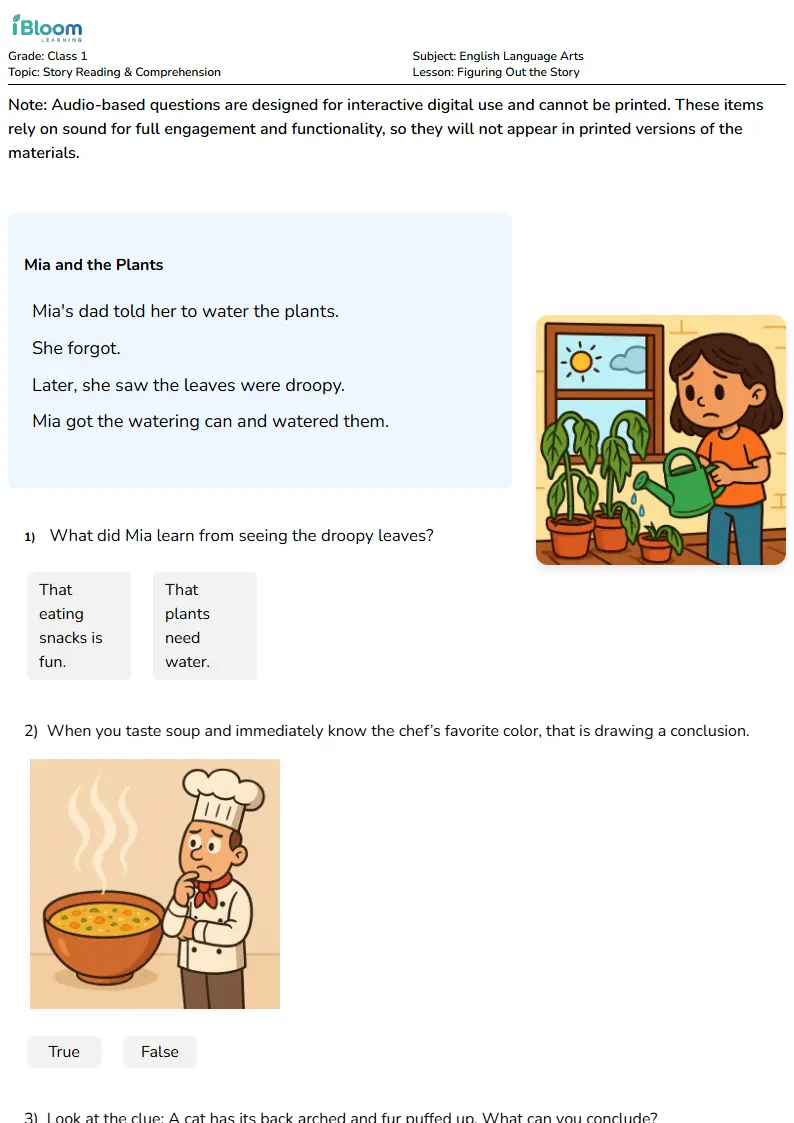 Free Figuring Out the Story Worksheets for Class 1