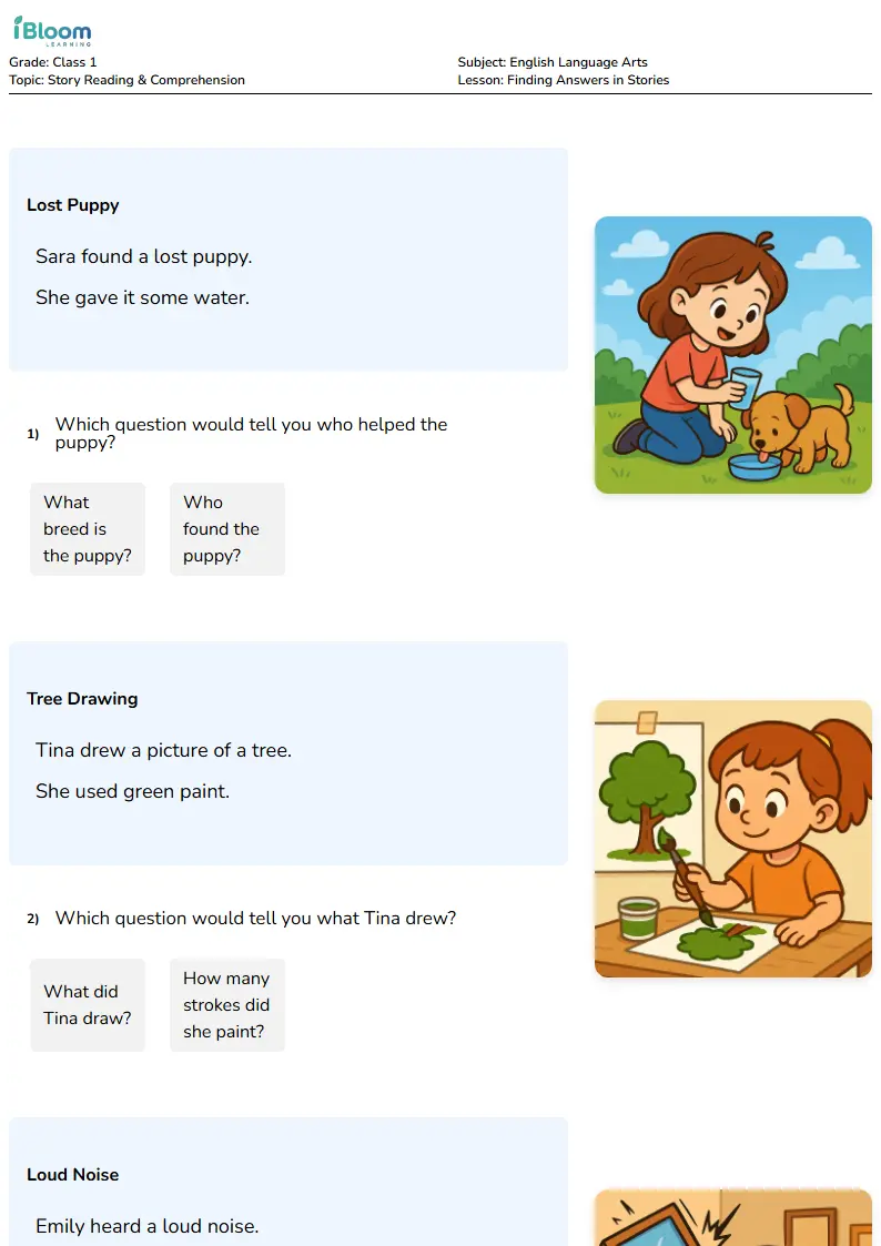 Finding Answers in Stories Worksheet for Class 1