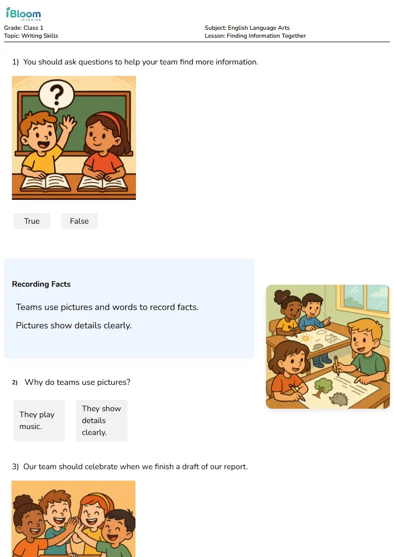 Free Finding Information Together Worksheets for Class 1