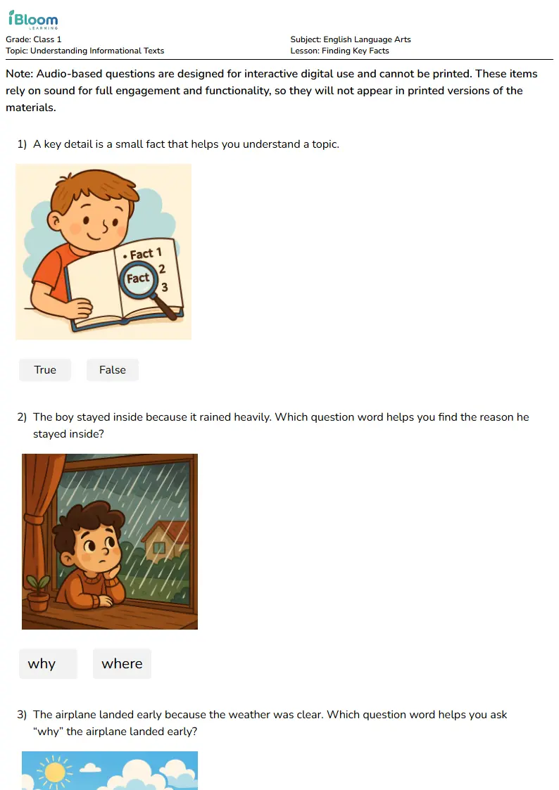 Free Finding Key Facts Worksheets for Class 1