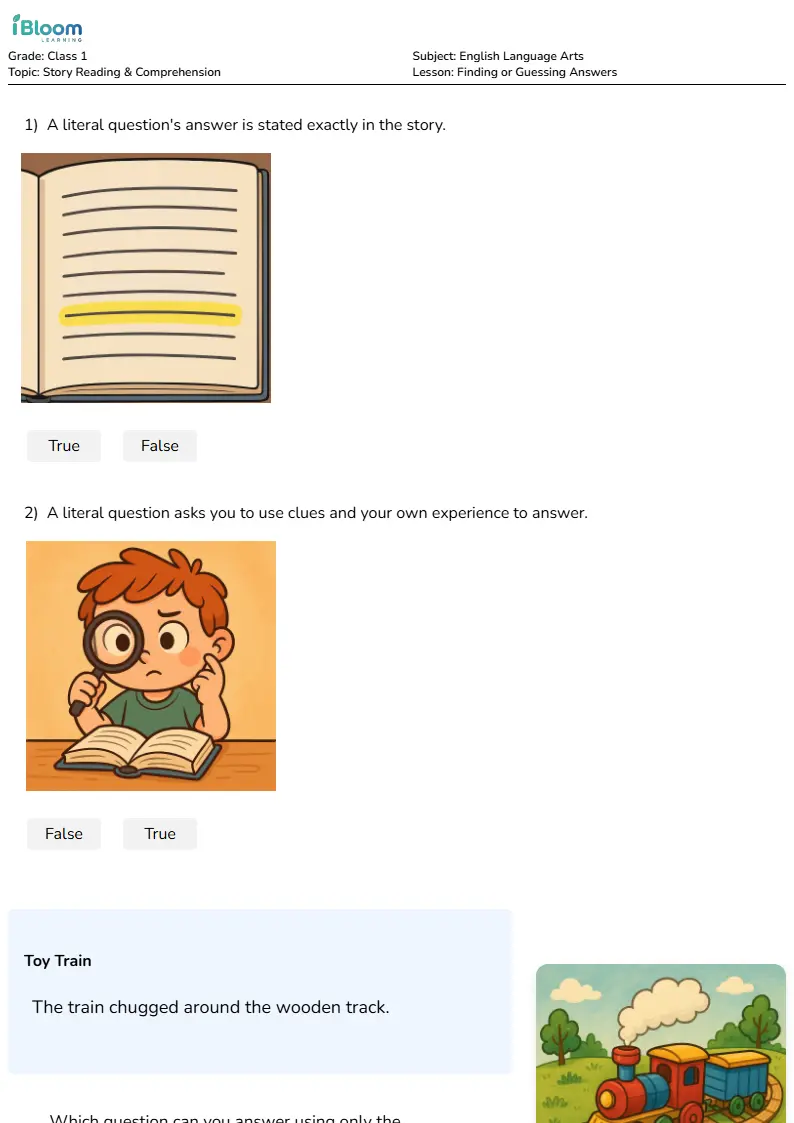 Free Finding or Guessing Answers Worksheets for Class 1