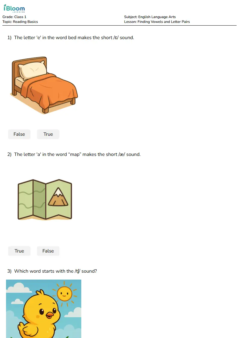 Free Finding Vowels and Letter Pairs Worksheets for Class 1