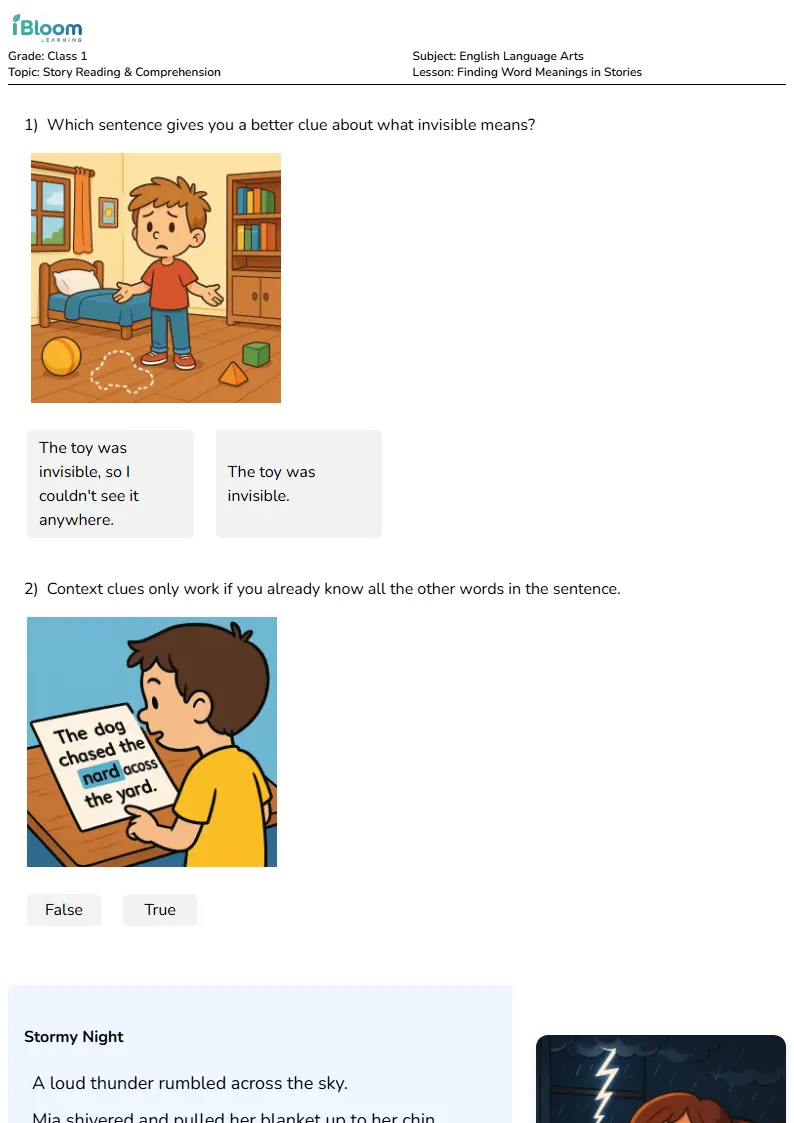Free Finding Word Meanings in Stories Worksheets for Class 1