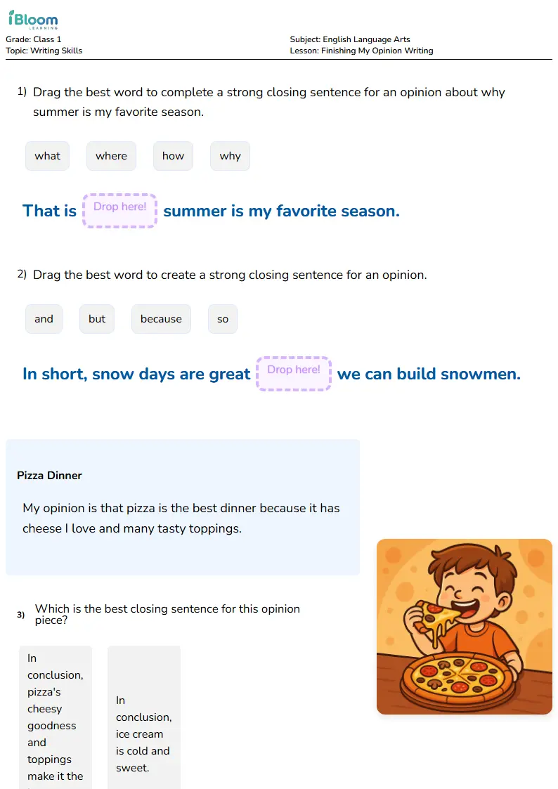 Free Finishing My Opinion Writing Worksheets for Class 1