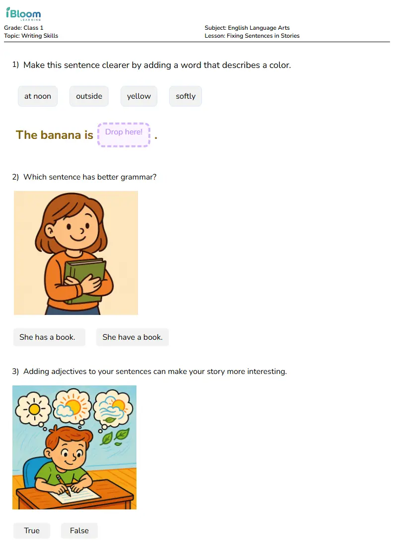 Free Fixing Sentences in Stories Worksheets for Class 1 | iBloom
