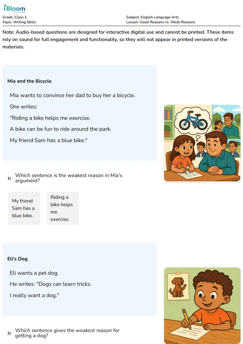 Free Good Reasons vs. Weak Reasons Worksheets for Class 1 | iBloom
