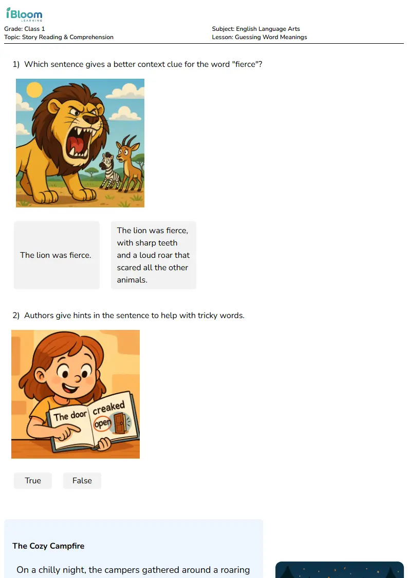 Free Guessing Word Meanings Worksheets for Class 1 | iBloom