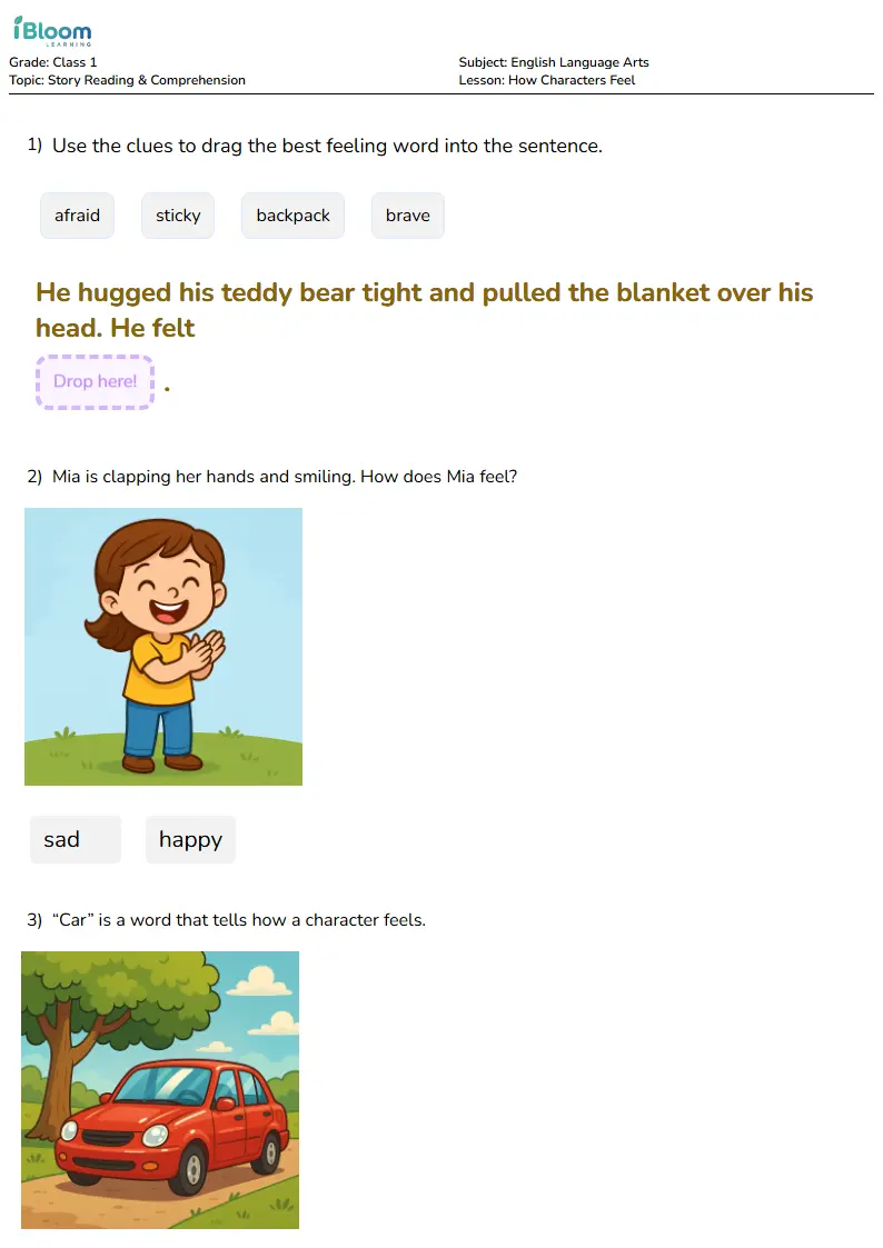 Free How Characters Feel Worksheets for Class 1 | iBloom