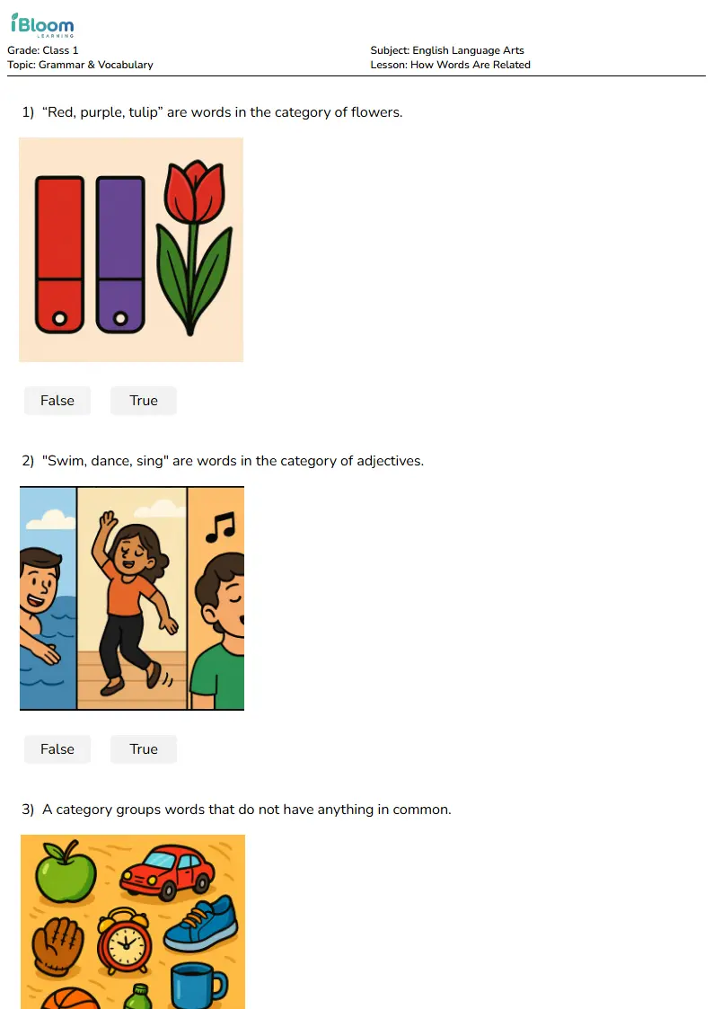 Free How Words Are Related Worksheets for Class 1 | iBloom