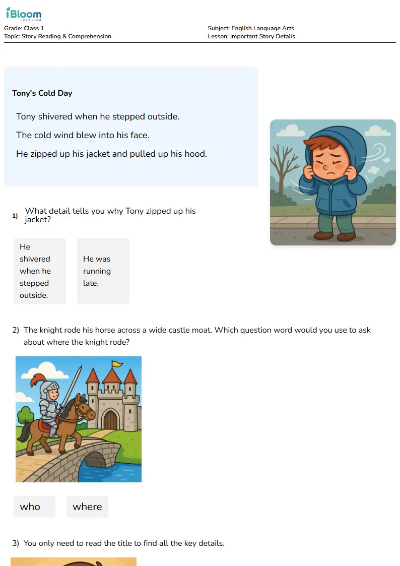 Free Important Story Details Worksheets for Class 1 | iBloom