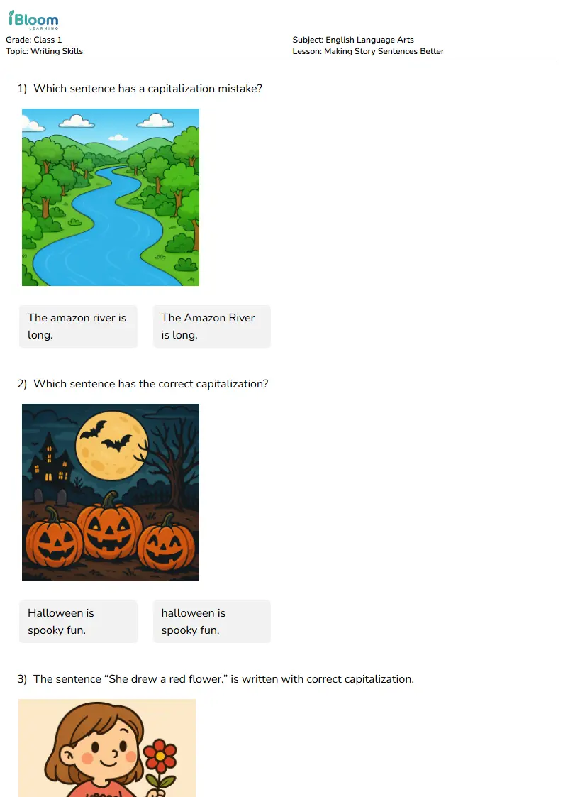 Improve Story Sentences Worksheet for Class 1