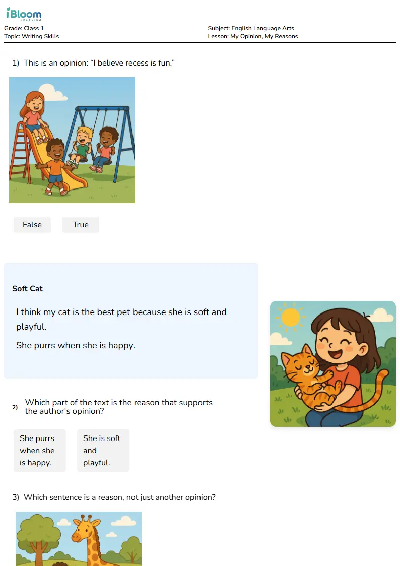 Free My Opinion, My Reasons Worksheets for Class 1 | iBloom