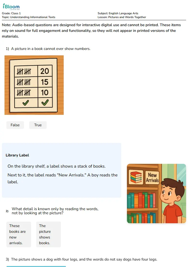 Free Pictures and Words Together Worksheets for Class 1 | iBloom