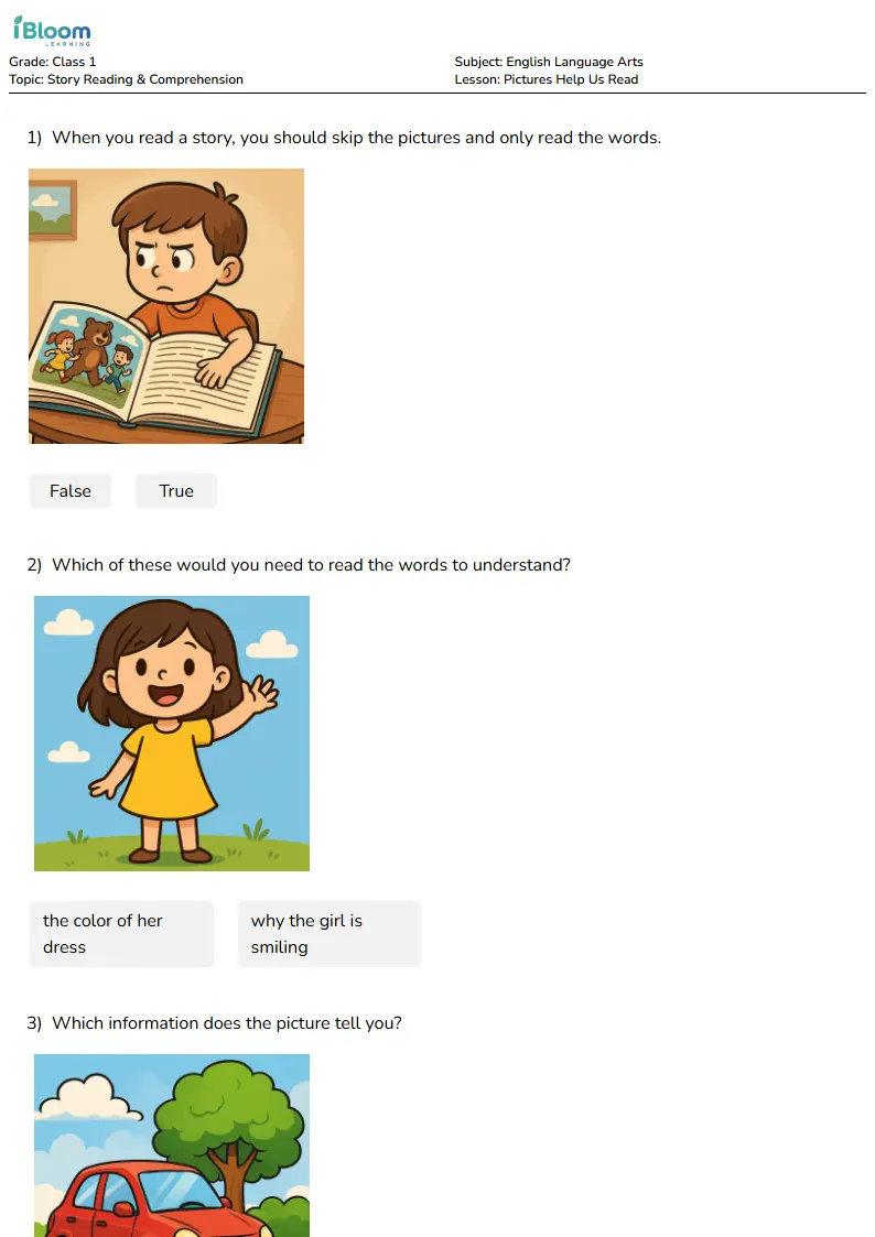 Free Pictures Help Us Read Worksheets for Class 1 | iBloom
