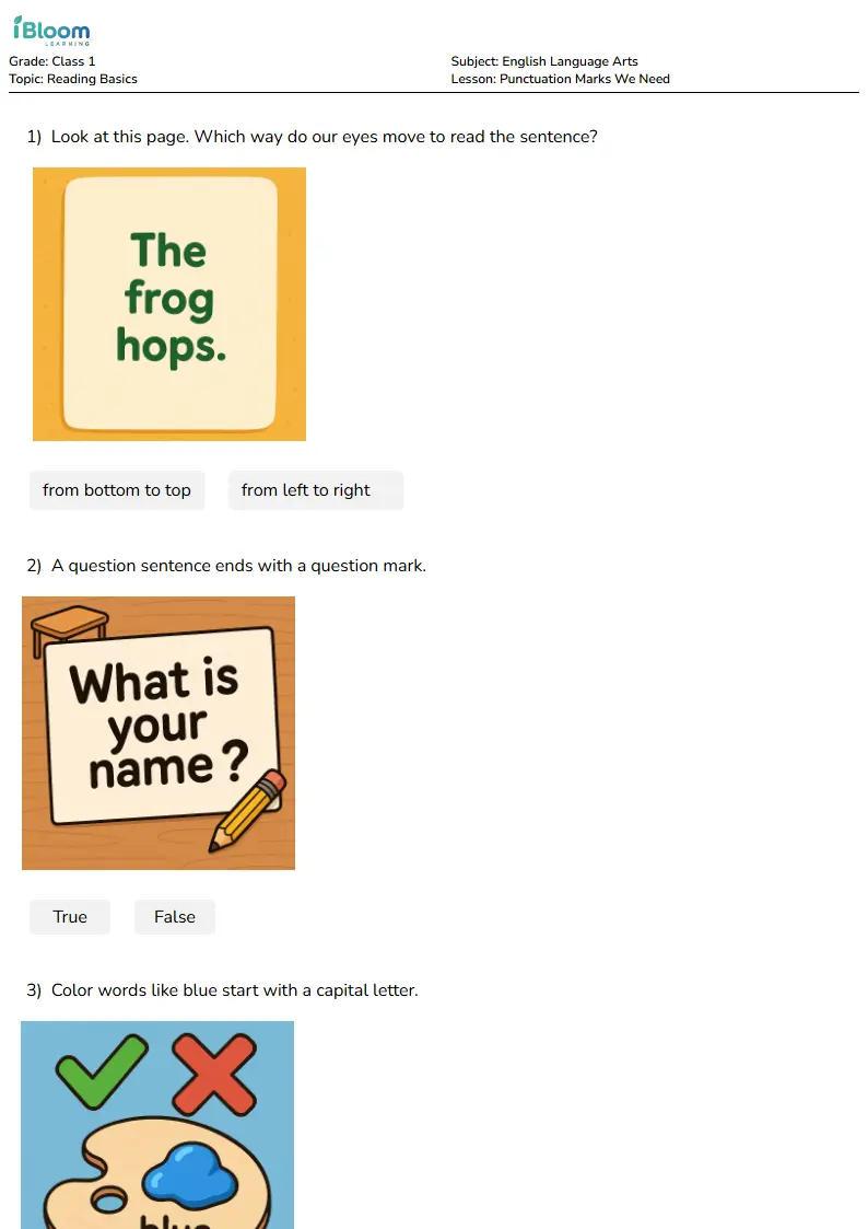 Free Punctuation Marks We Need Worksheets for Class 1 | iBloom