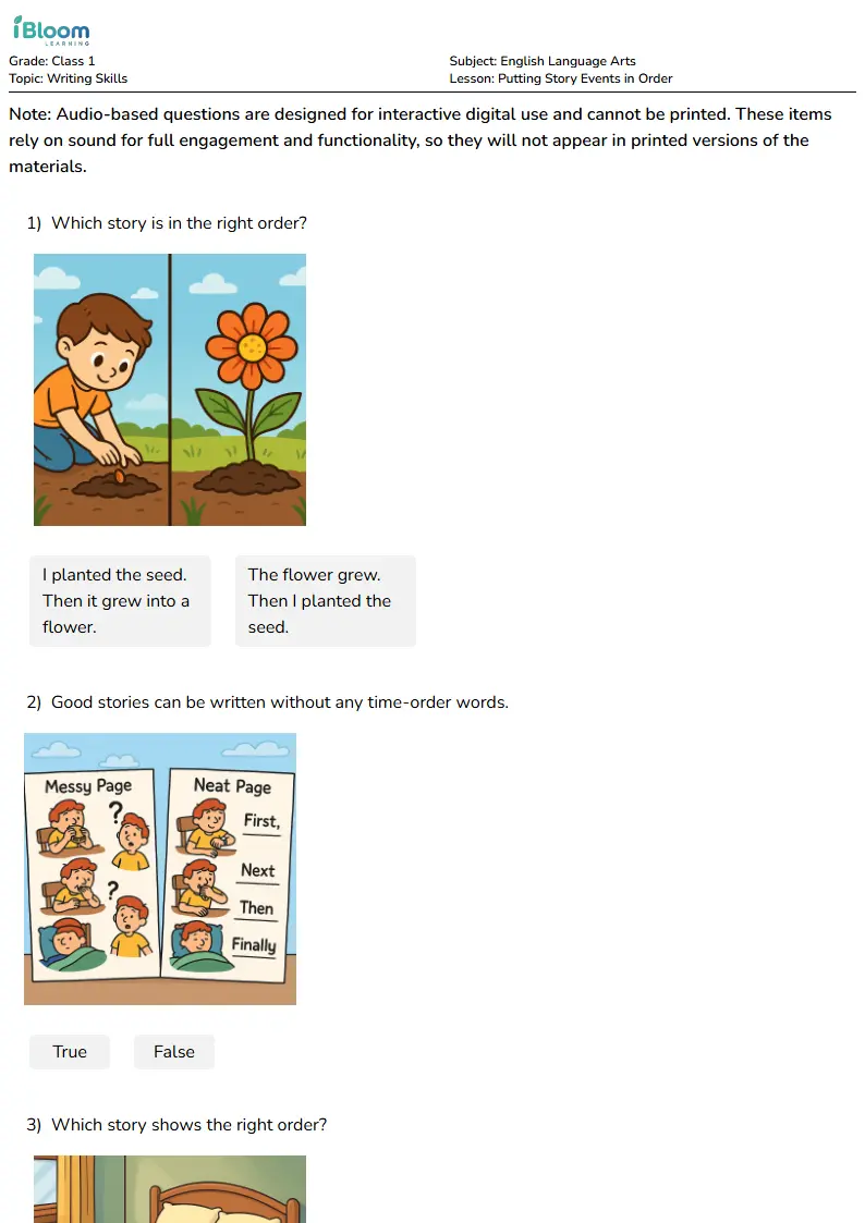 Free Putting Story Events in Order Worksheets for Class 1 | iBloom