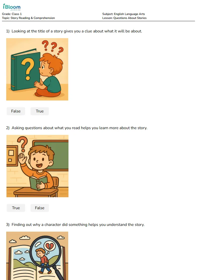Free Questions About Stories Worksheets for Class 1 | iBloom