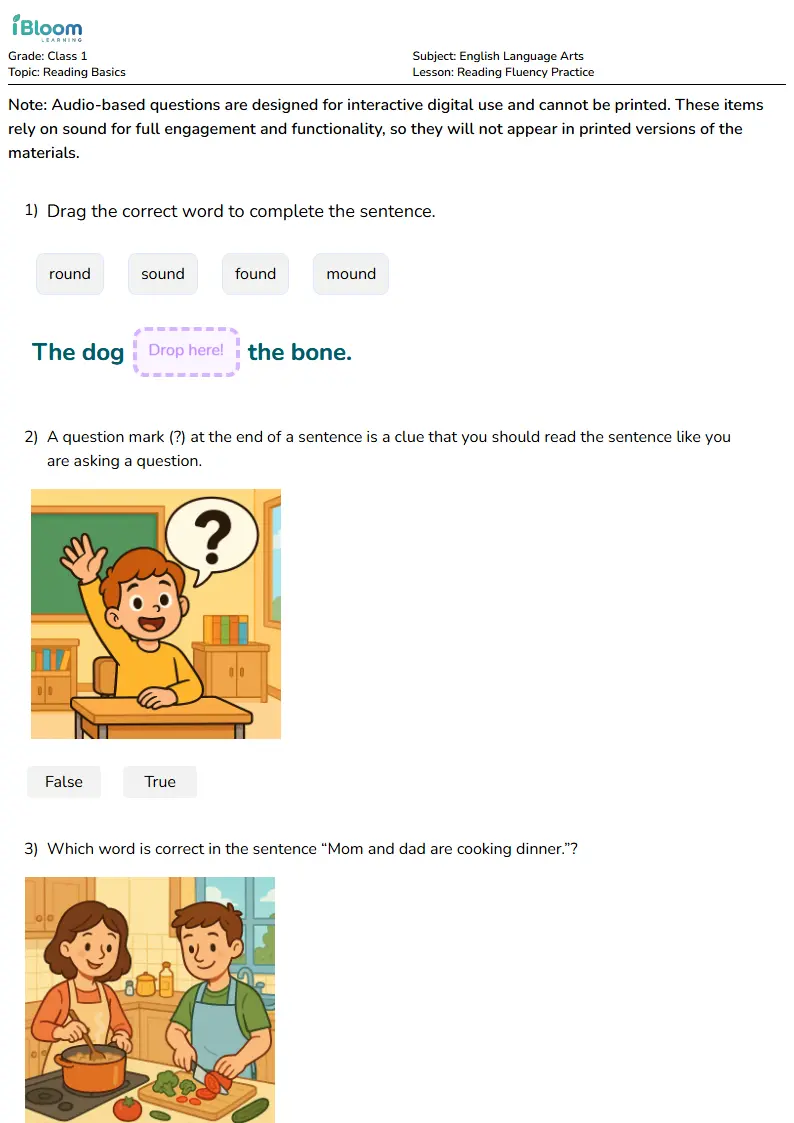 Free Reading Fluency Practice Worksheets for Class 1 | iBloom