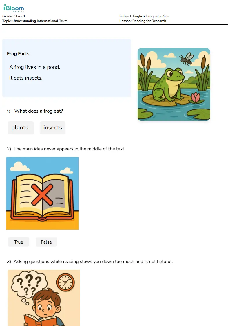 Free Reading for Research Worksheets for Class 1 | iBloom