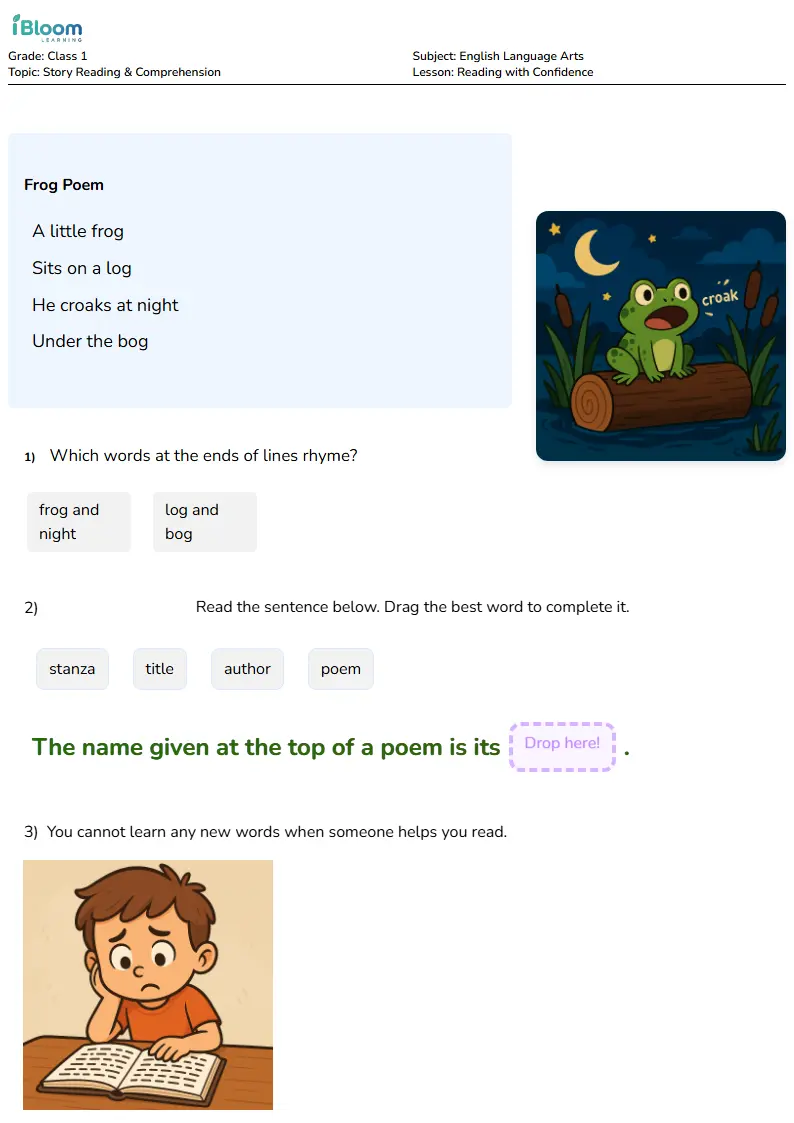 Free Reading with Confidence Worksheets for Class 1 | iBloom